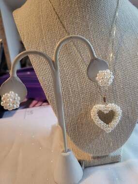 STUNNING! 14kt yellow gold pearl heart necklace set post cluster earring JEWELRY